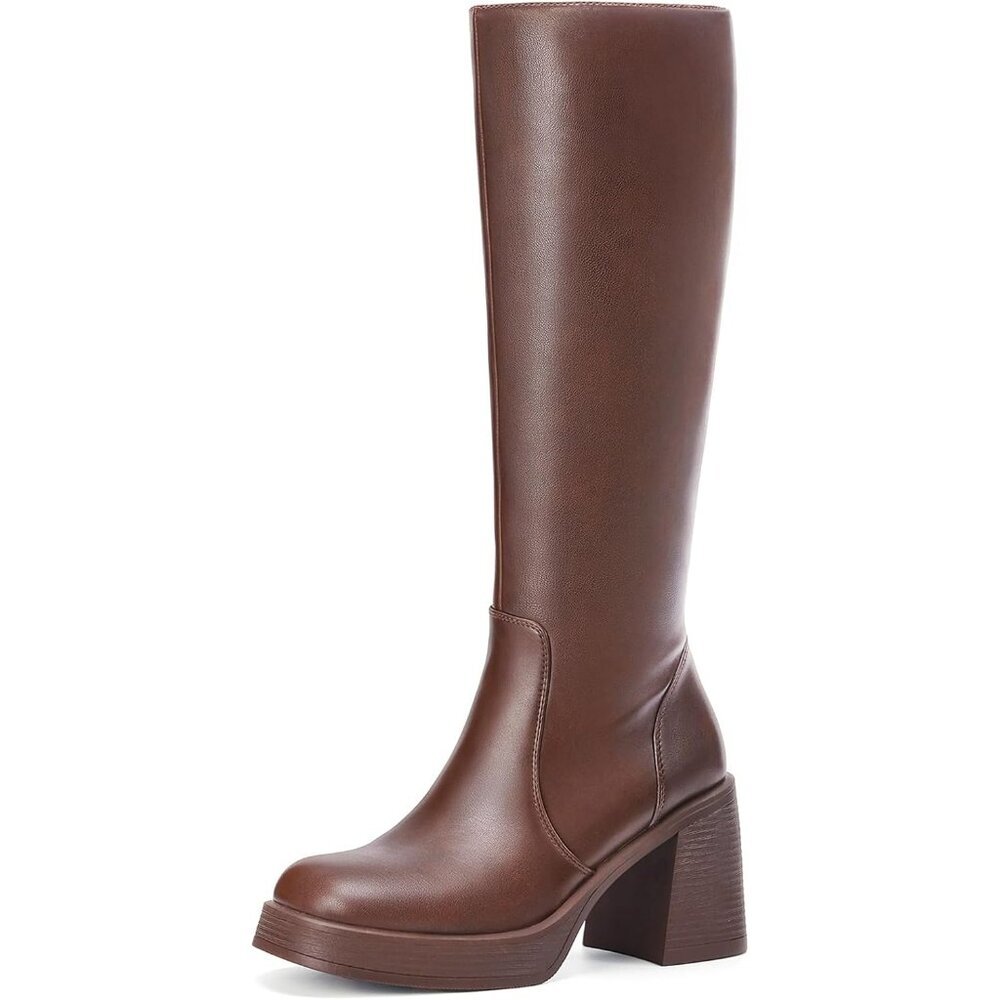 Women's Brown Wide Calf Platform Tall  Square Toe Chunky Block Heeled Boots